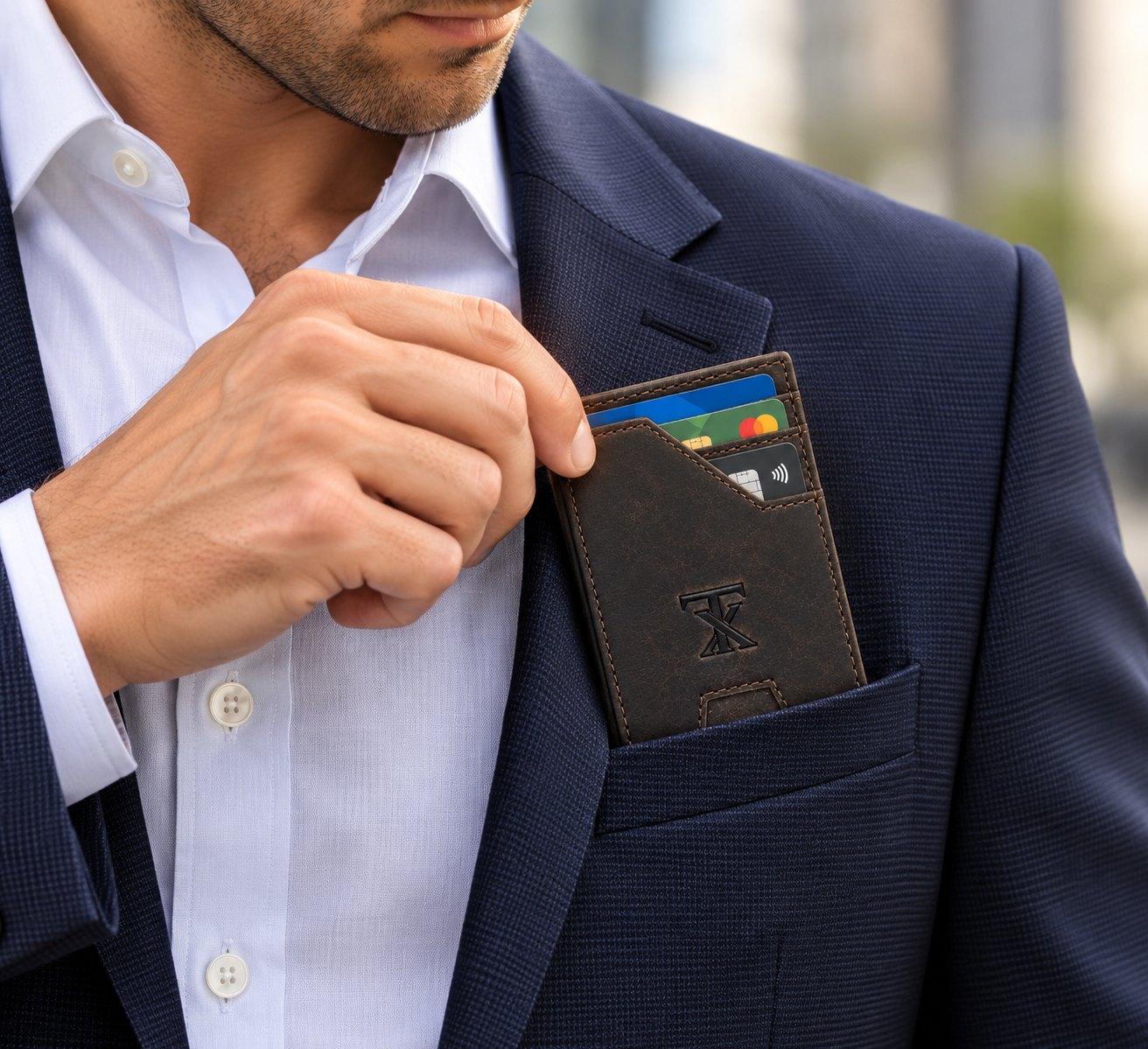Slim Card Holder in brown, drawn from the pocket of a brown suit