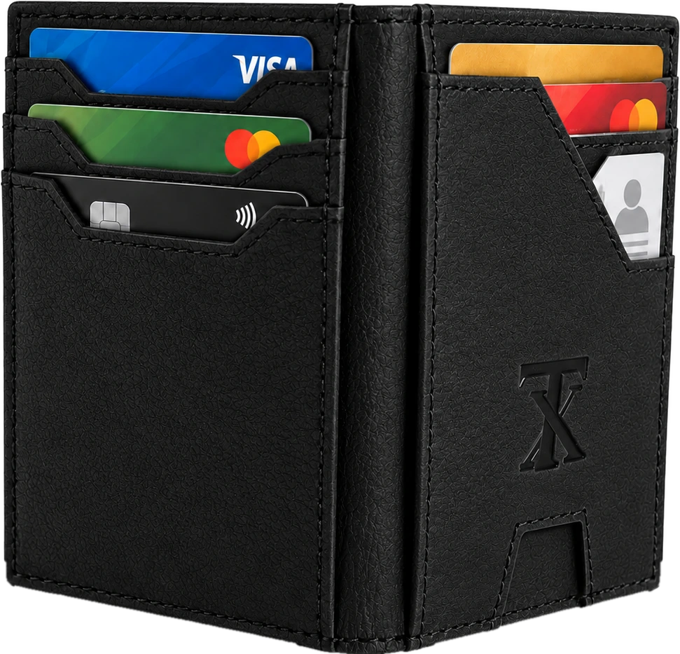 Slim Card Holder in black, standing open