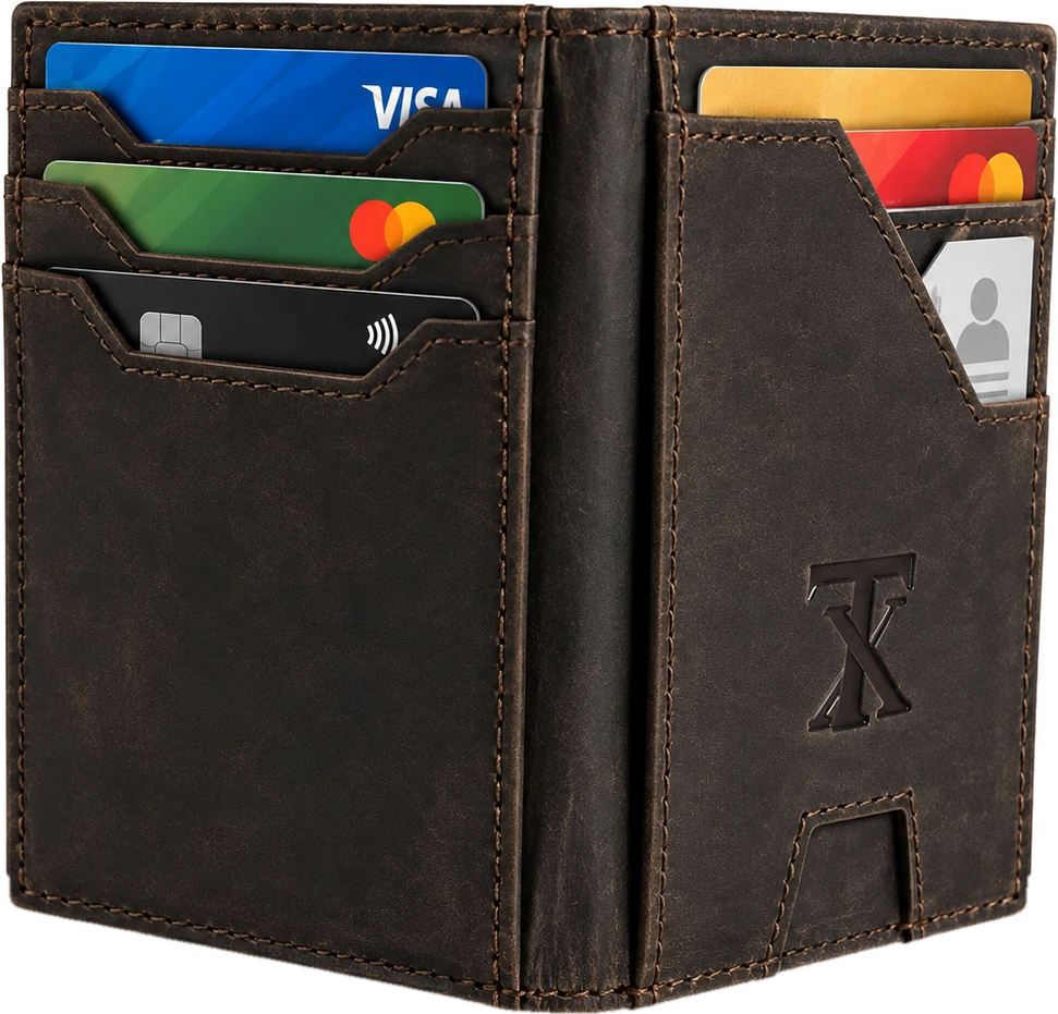 Slim Card Holder in brown, standing open